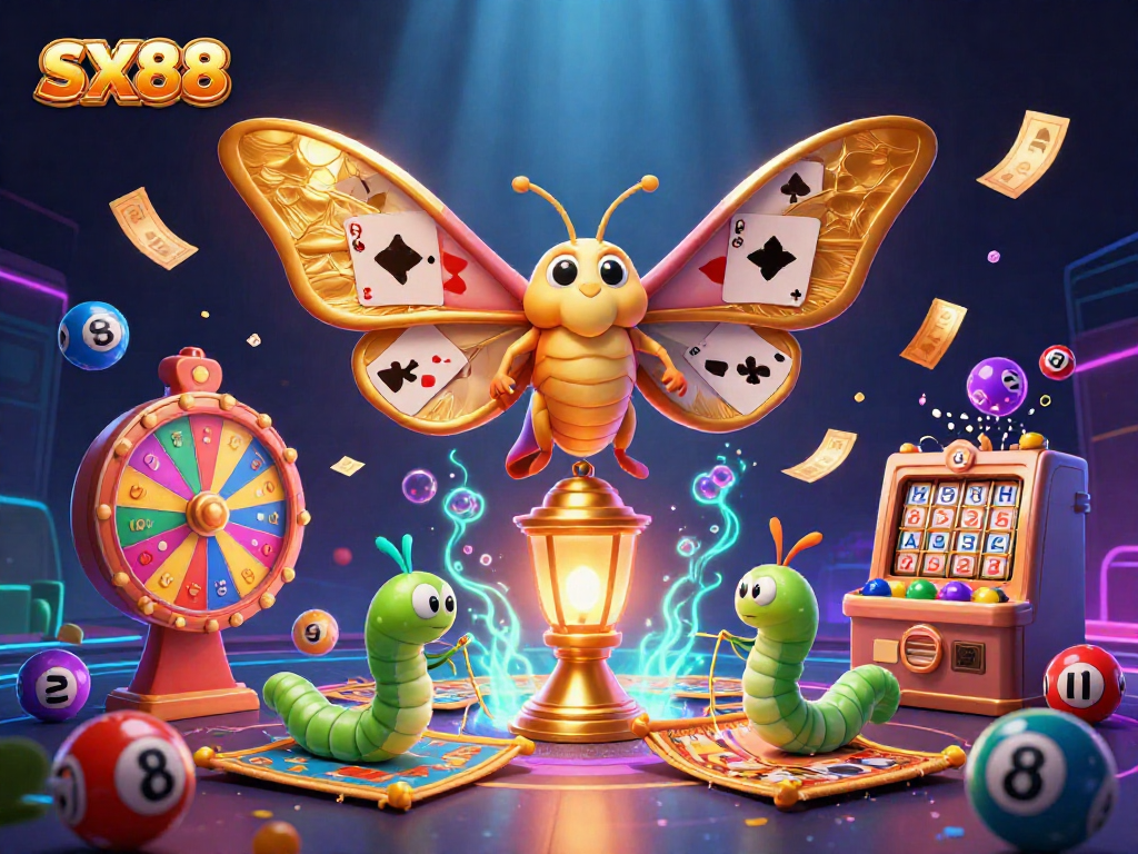 SX88 engages players with vibrant lottery elements and a stunning golden moth in an online casino scene.