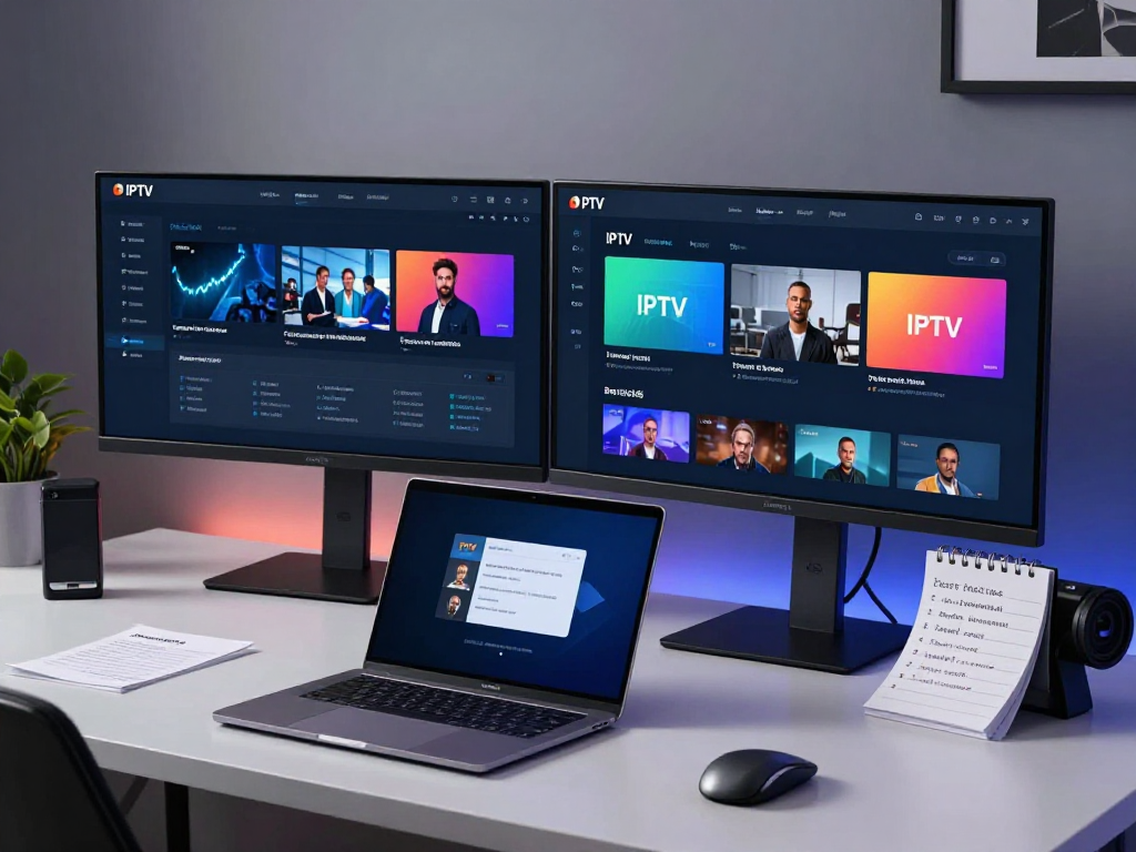 IPTV reseller management software dashboard, showcasing cloud technology and advanced digital solutions in a modern workspace.