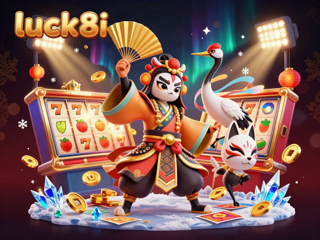 Experience the thrill of luck8i with a dynamic casino scene featuring traditional characters amidst lively slot action.