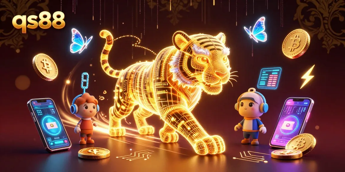 Experience the thrilling world of qs88 with a neon-wireframe tiger in a vibrant casino environment.