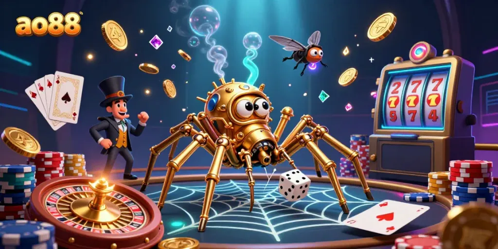 Engage in ao88 gaming with a steampunk spider and golden web of luck in this dynamic casino scene.