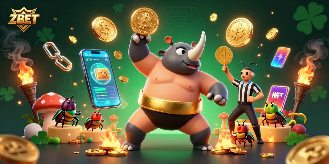 ZBET features a dynamic scene with a sumo champion beetle, shimmering crypto coins, and golden effects.