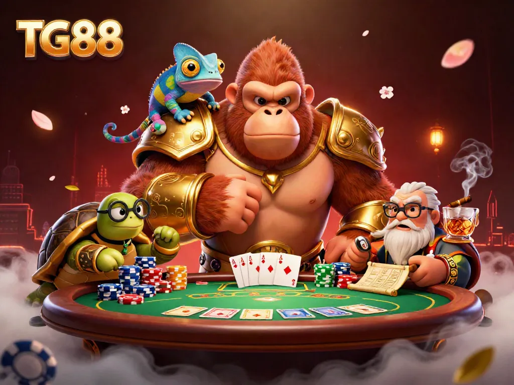 Engage in a thrilling poker showdown with TG88's vibrant casino scene featuring dynamic characters and rich game elements.