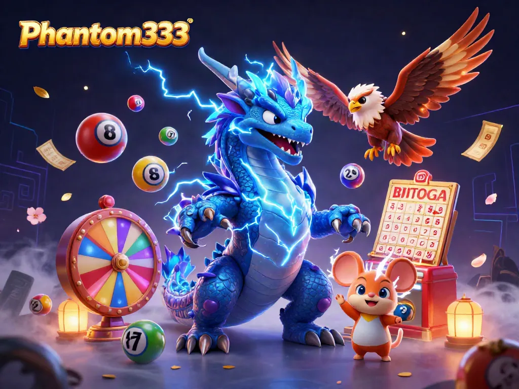 Experience winning excitement with Phantom333, featuring vibrant animated characters among lottery game elements.
