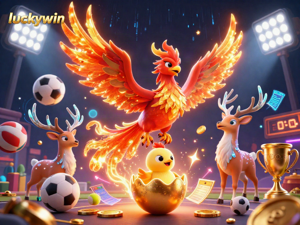 Experience luckywin excitement with vibrant 3D illustration of phoenix and engaging sports betting elements.