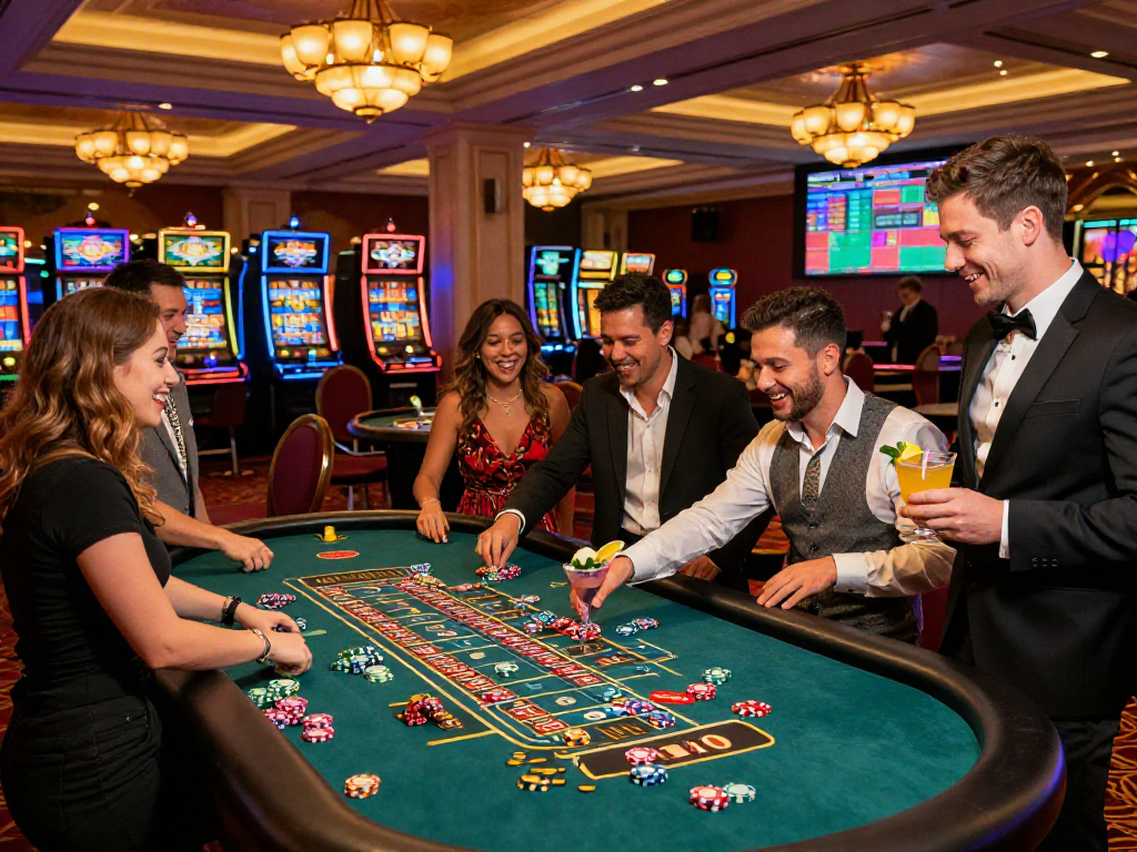 Group celebrating at casino oxbet roulette table, vibrant atmosphere and luxury details.