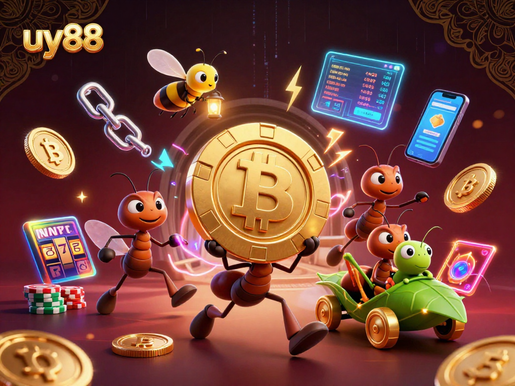Join the heist adventure with uy88 as cartoon ants carry a giant poker chip through a vibrant casino tunnel.