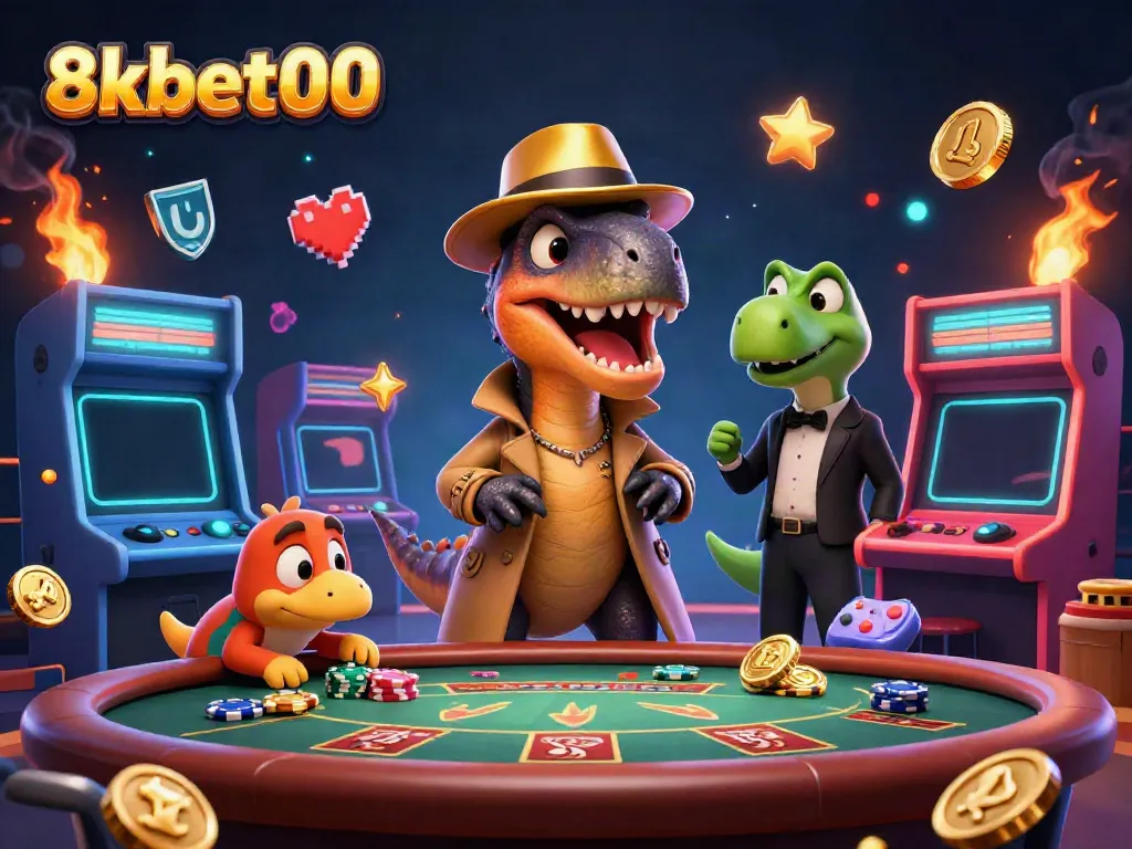Experience thrilling gameplay at 8xbet00 as a velociraptor card counter navigates a vibrant casino scene.