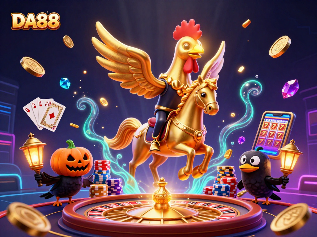 Engage with DA88's vibrant casino image showcasing dynamic games and golden winnings.