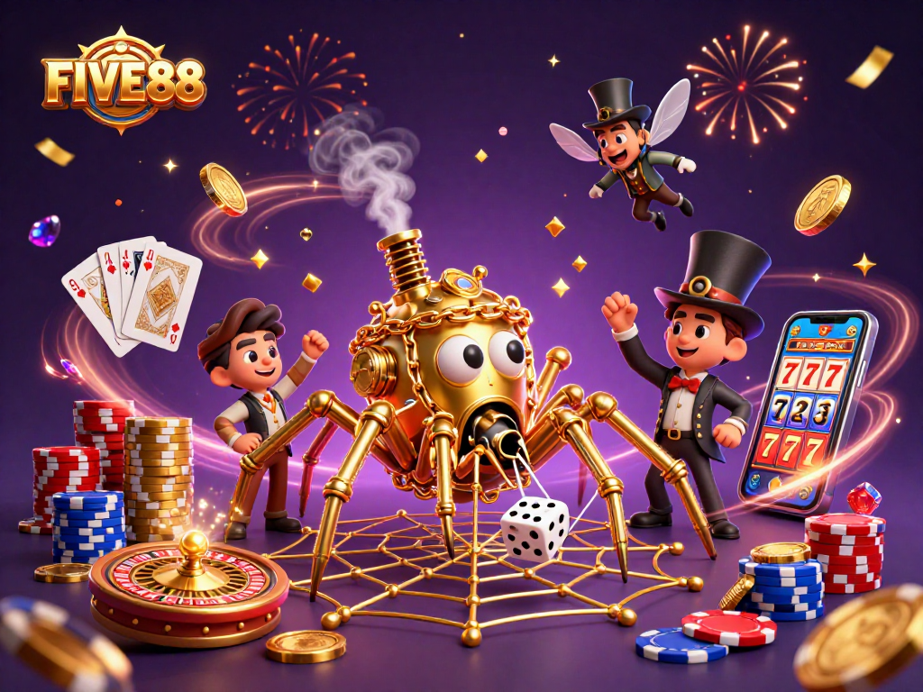 Catch lucky wins at FIVE88 with a vibrant 3D casino scene featuring gaming elements and excitement.