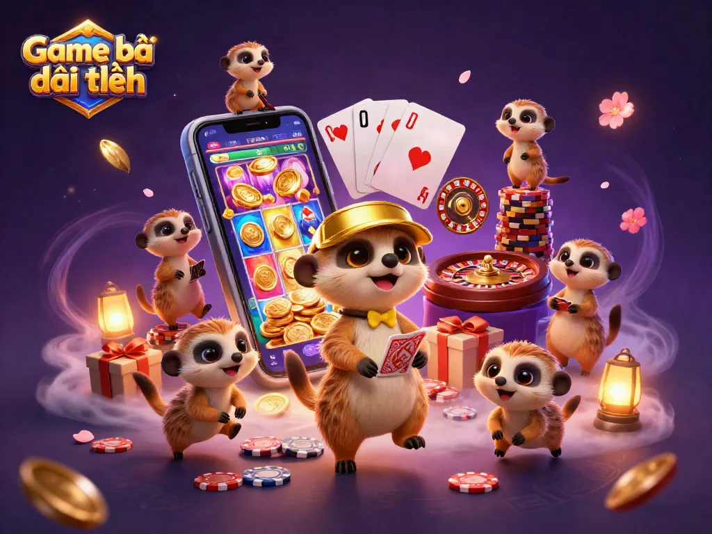 Experience the excitement of Game bài đổi thưởng with playful meerkats in an elaborate casino.