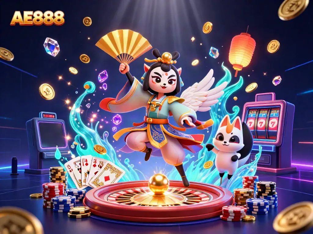 Experience the thrill of AE888 with kabuki warrior and vibrant casino elements in an energetic scene.