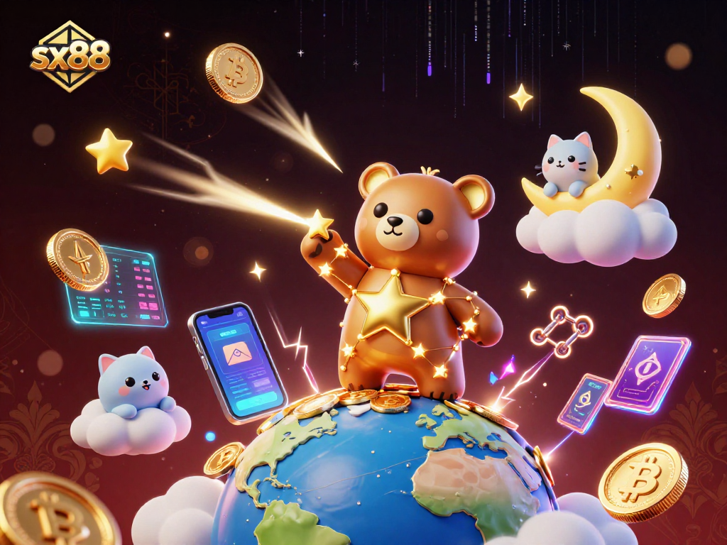 Scoop up winnings at sx88 with a constellation bear under a night sky filled with crypto coins.