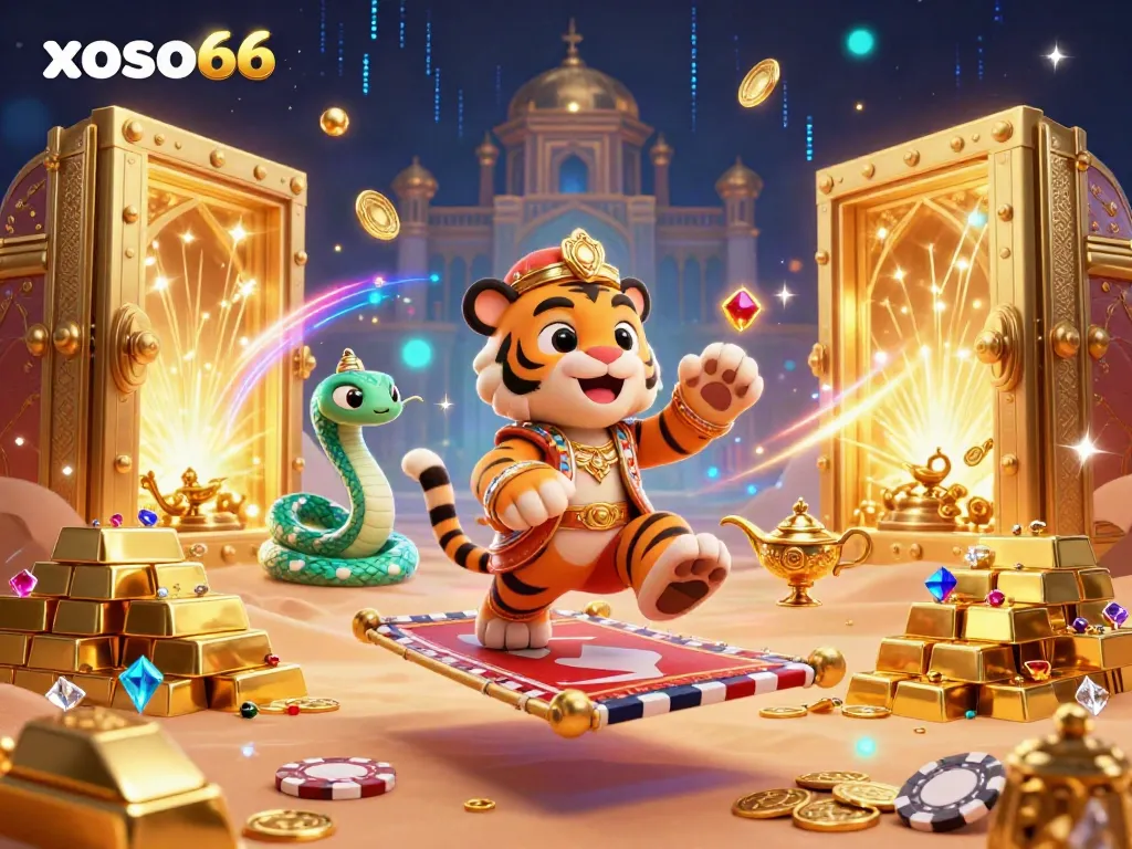 Experience thrilling play at xoso66, featuring a vibrant 3D illustration of a casino adventure.