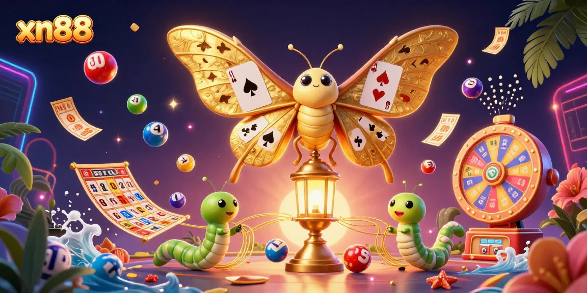 The vibrant xn88 casino scene showcases a 3D cartoon atlas moth with golden wings amidst colorful lottery balls and a prize wheel.