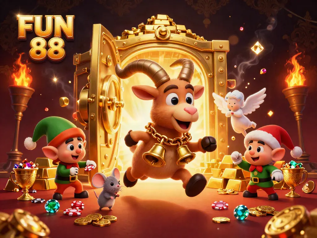 Experience the thrilling excitement of FUN 88 with festive gaming characters in a lively casino scene.