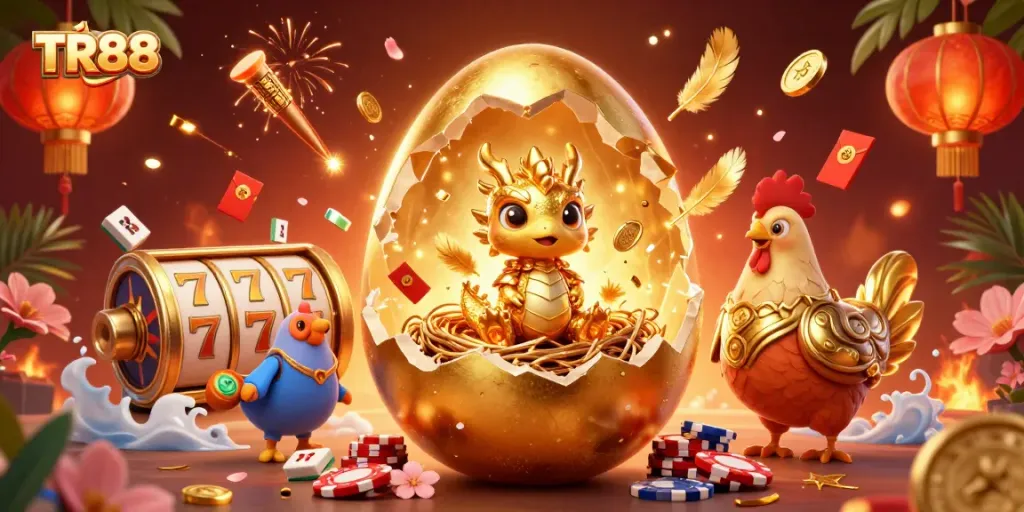 Engage with the vibrant TR88 gaming scene showcasing a dragon on poker chips amidst slot reels and festive decorations.