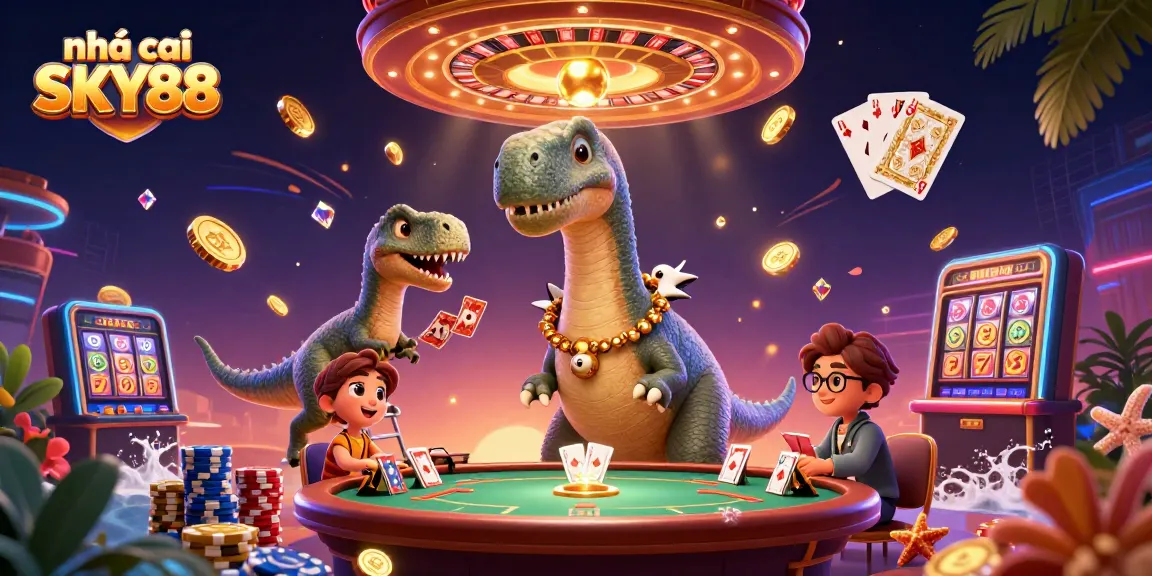 Engage with nhà cái SKY88 in vibrant poker action featuring a brontosaurus dealer.