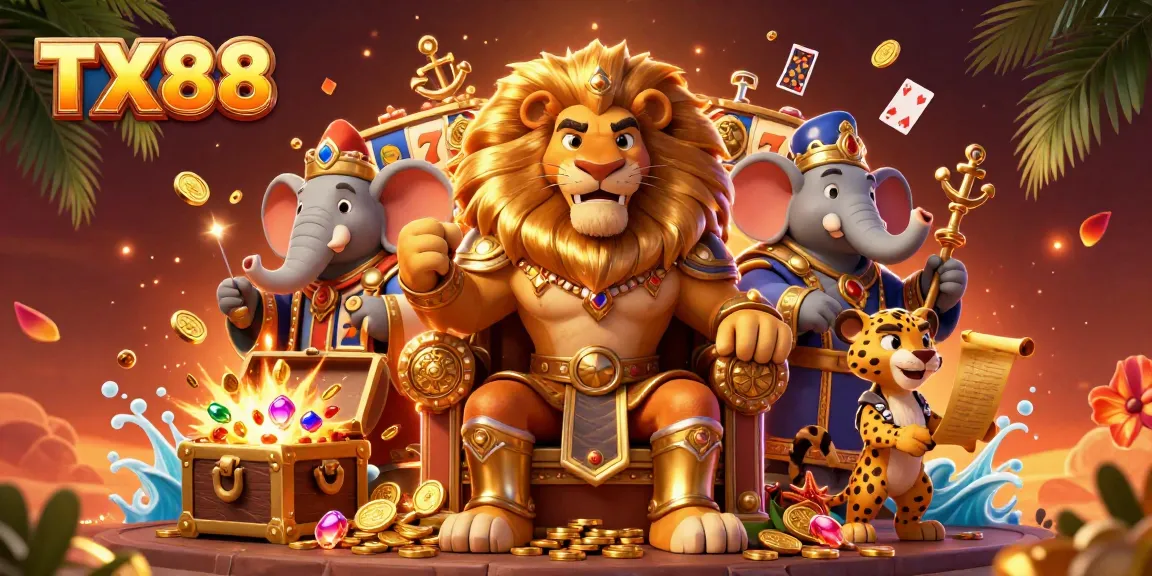 Experience thrilling wins at TX88 with a lion king and friends in a vibrant casino scene.