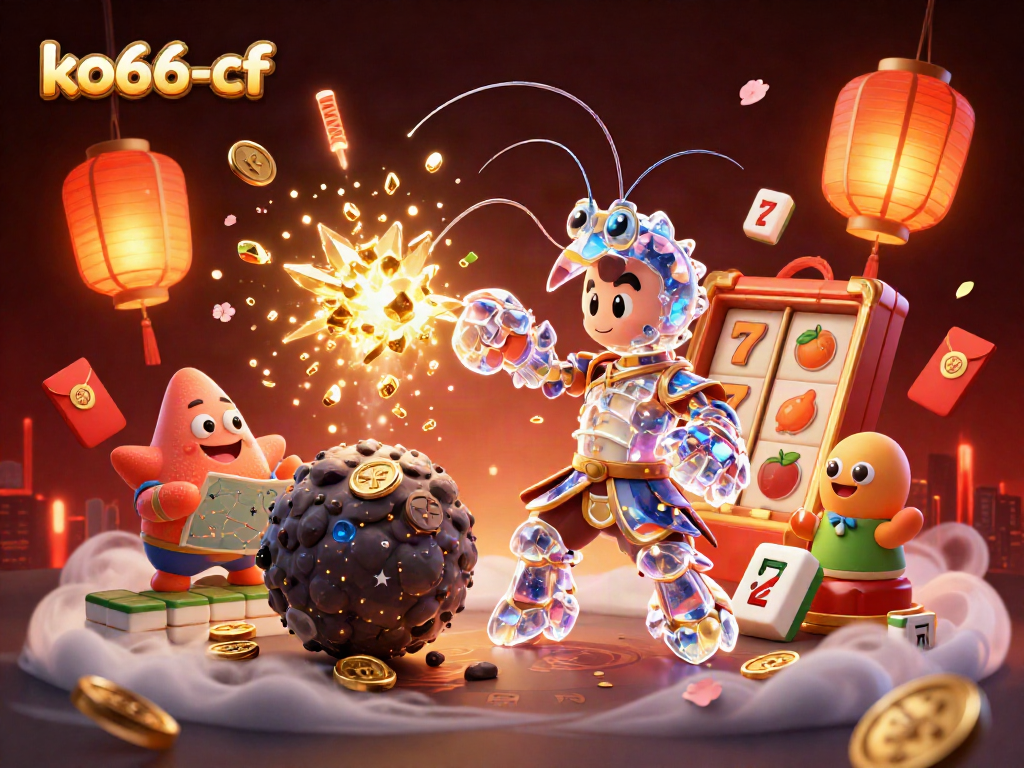 Experience thrilling 3D action with the ko66-cf samurai shrimp in a vibrant casino scene filled with gems and wins.