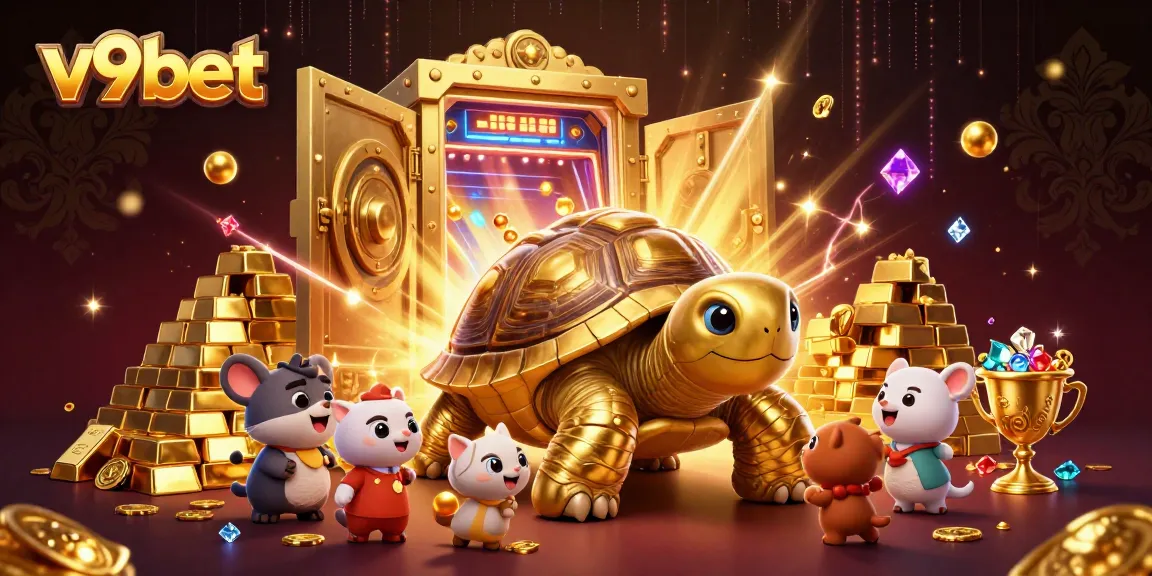 Players enjoy various thrilling games at v9bet, featuring a vibrant golden tortoise and treasure elements.