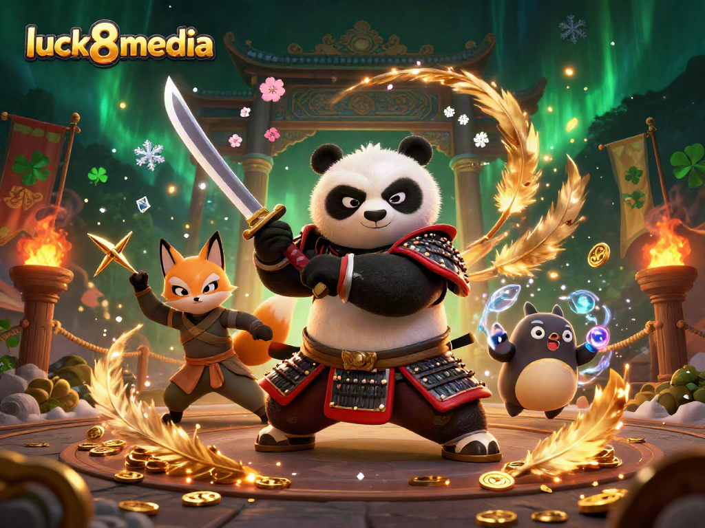 Engage with luck8media's fierce panda and fox in a vibrant casino battle scene.