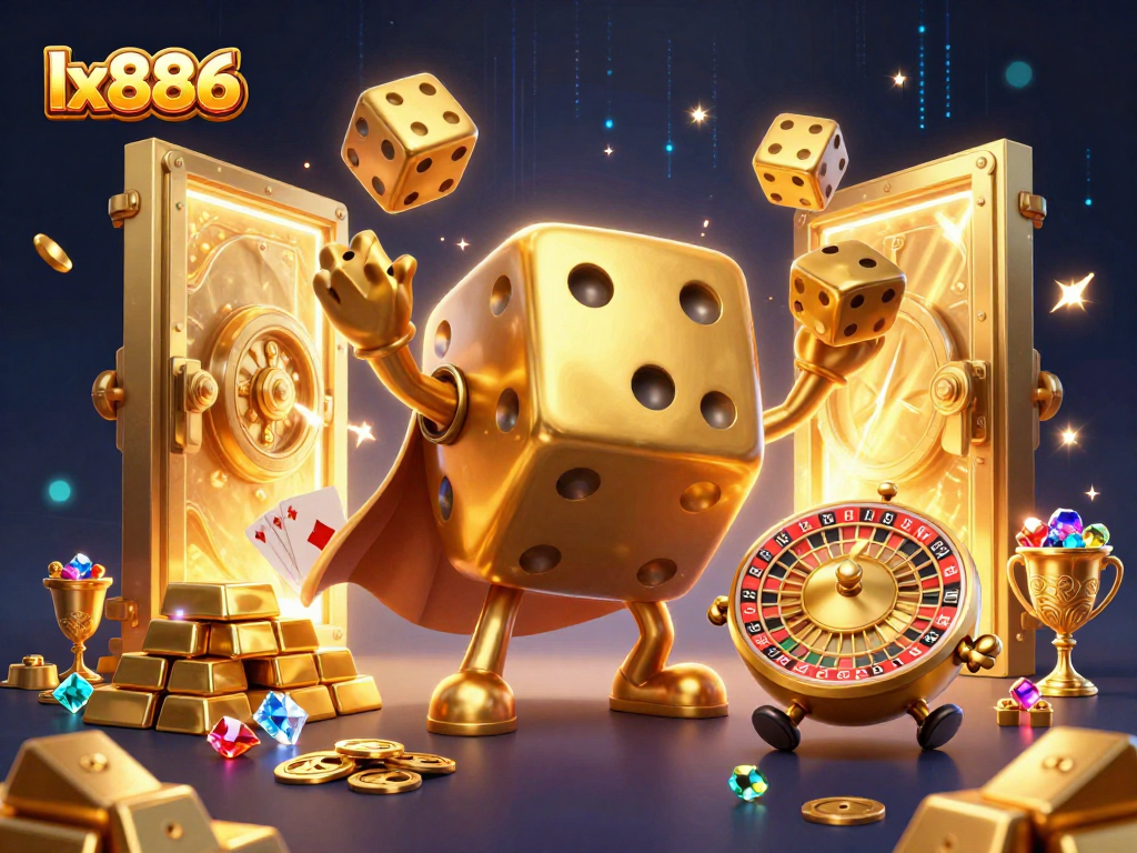 Win big with lx886 as the golden dice golem juggles treasures in this vibrant casino scene.