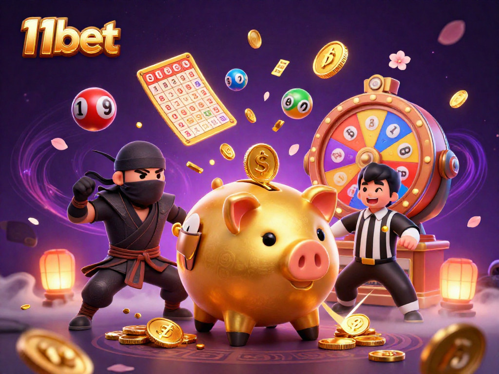 11bet showcases an energetic scene with a piggy bank sumo wrestler delighting in financial wins.