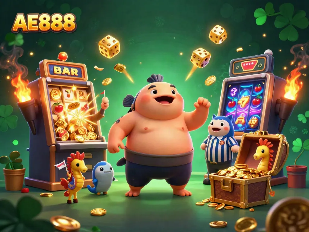Win big with AE888 in this vibrant casino scene featuring 3D characters and games.