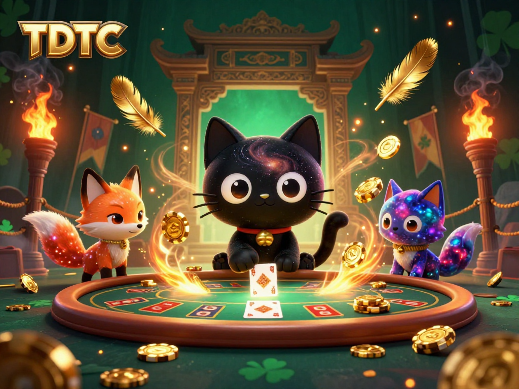 Engage with TDTC in a cosmic casino setting, featuring a black hole cat and nebula fox.