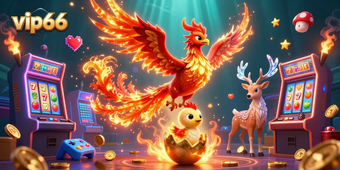 Experience thrilling wins at vip66 with a vibrant scene of gaming, featuring a phoenix and slot machines.