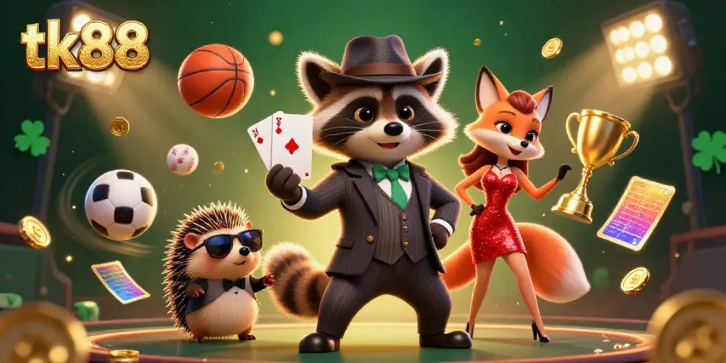 Join the fun at tk88, where a suave raccoon, a glamorous fox, and a cool hedgehog celebrate poker wins!
