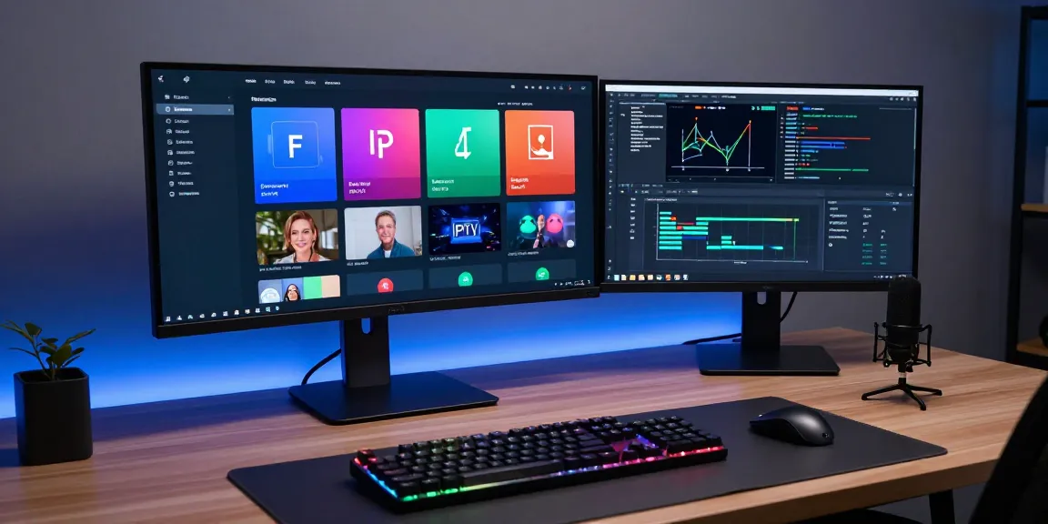 IPTV panel interface displayed on a modern desk, showcasing analytics, statistics, and performance metrics in a tech-savvy environment.