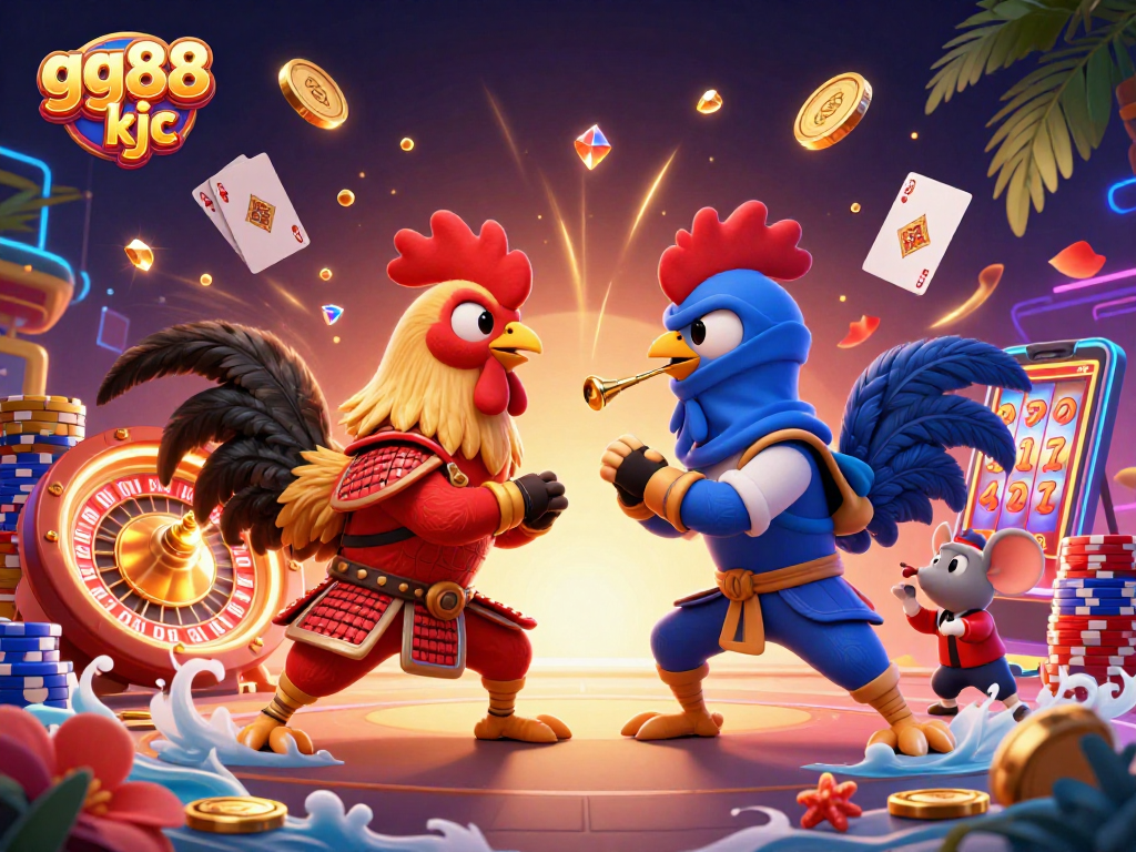 Bet on exciting action with gg88 kjc featuring twin roosters in a fierce duel amidst dynamic casino elements.