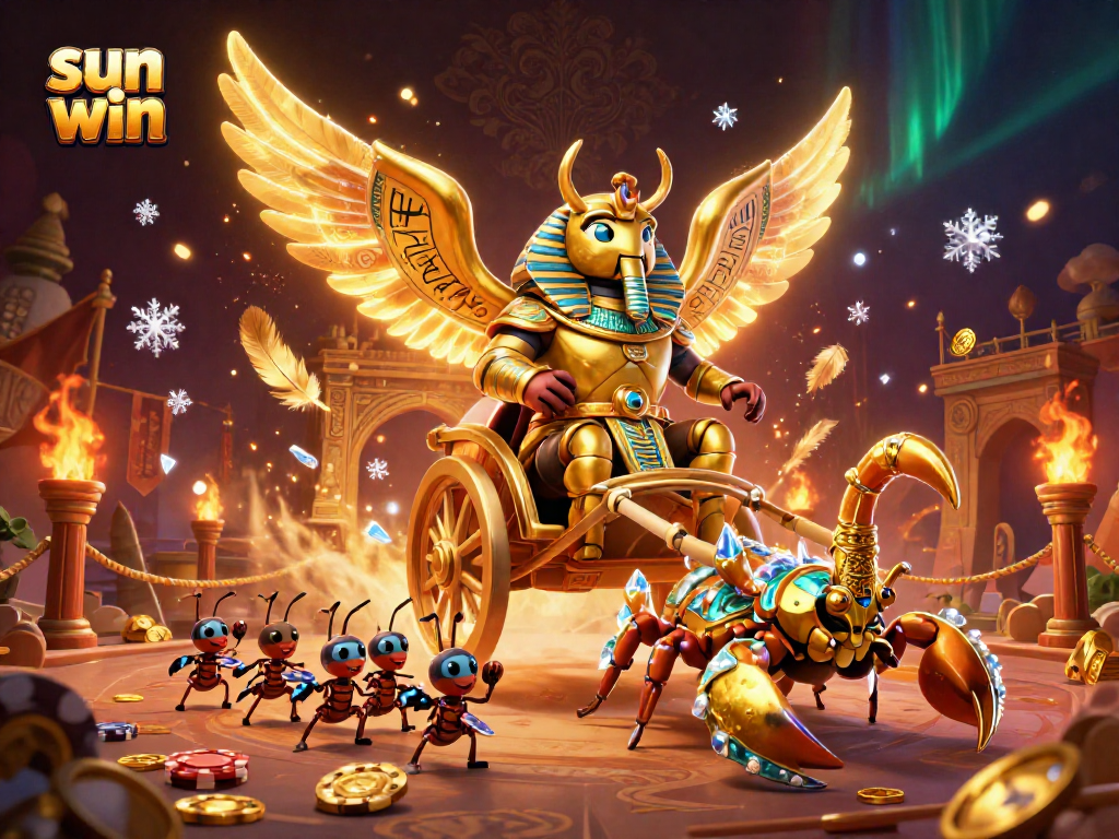 Experience the thrills at sun win with a colossal golden scarab beetle amid a vibrant casino scene.