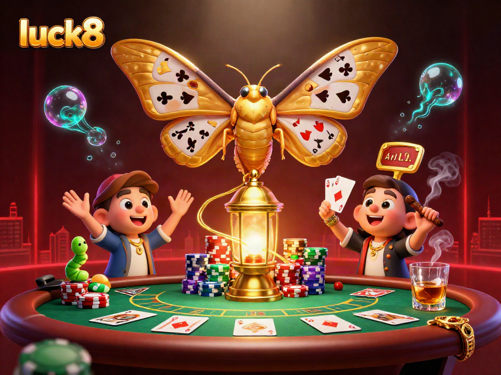 Engage with luck8's vibrant casino ambiance featuring a 3D cartoon moth amidst captivating poker elements.
