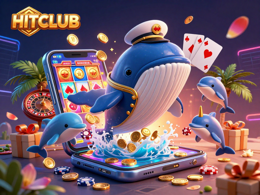 HITCLUB features a vibrant 3D scene with a whale, narwhal, and dolphins amid casino games, capturing dynamic gambling energy.