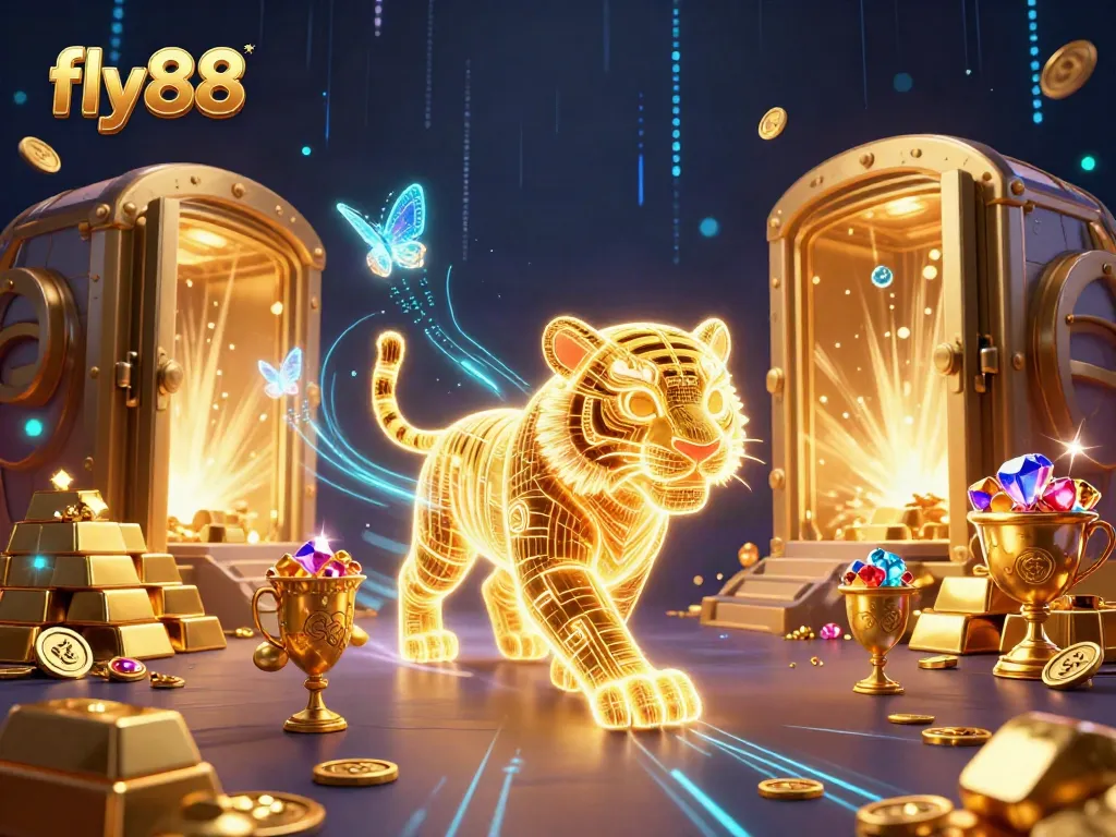 Experience dynamic gaming excitement with fly88's vibrant casino illustration of a neon tiger amidst treasure.
