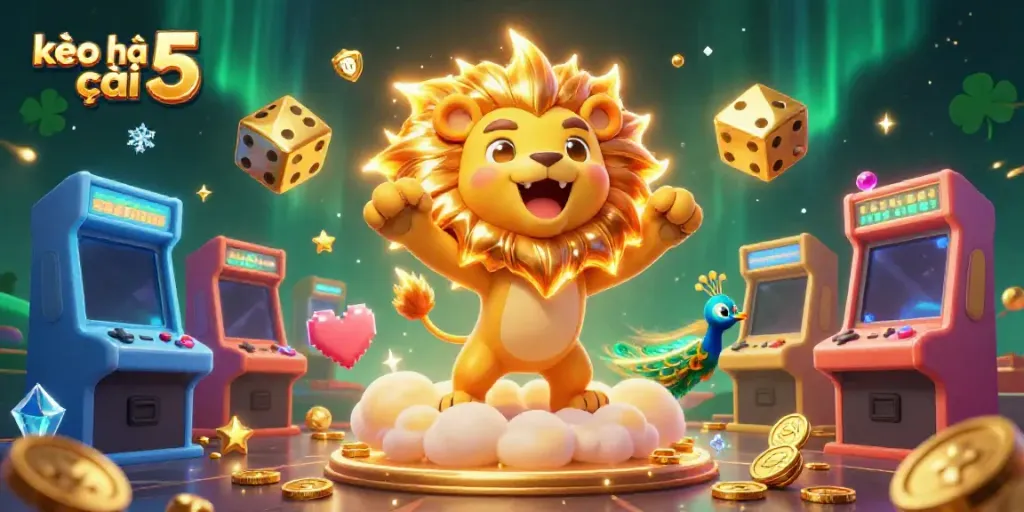 Experience gaming thrills with kèo nhà cái 5 featuring a cartoon lion and dynamic casino elements.