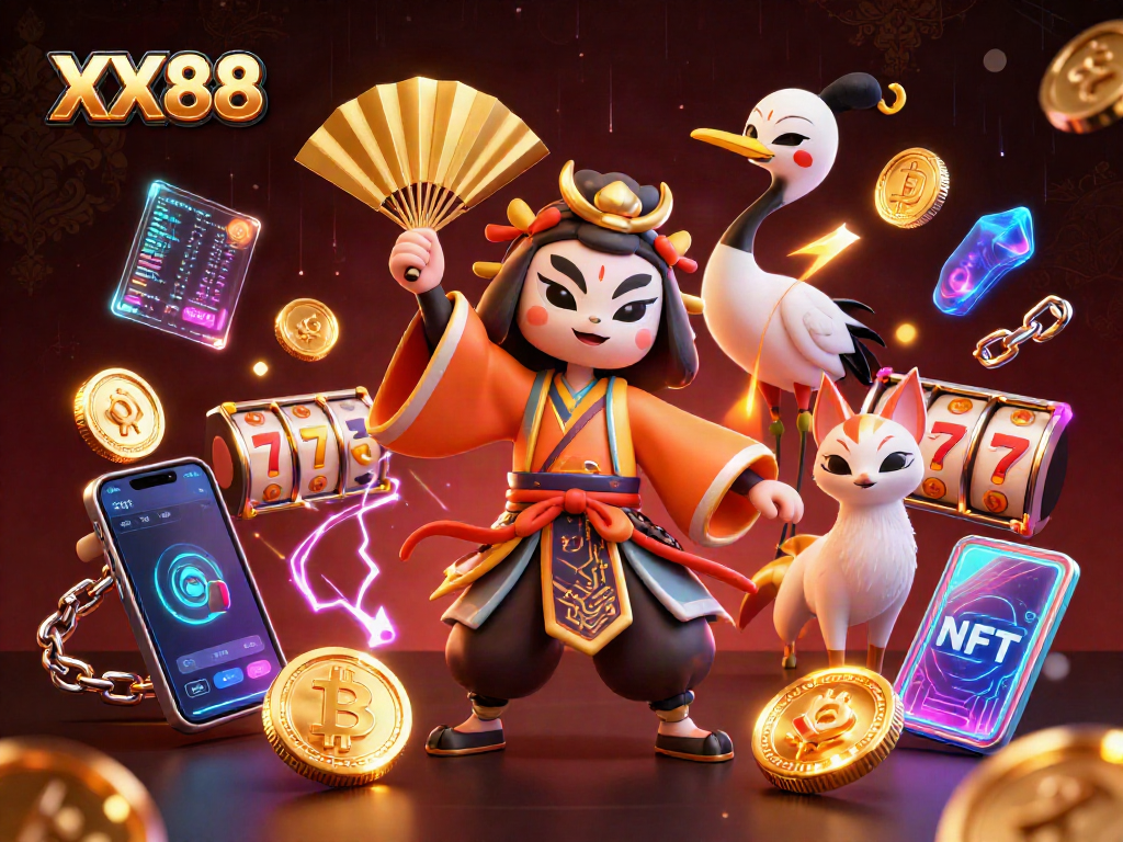 Engage with XX88 Casino’s vibrant 3D illustration showcasing slots, neon crypto elements, and dynamic characters.