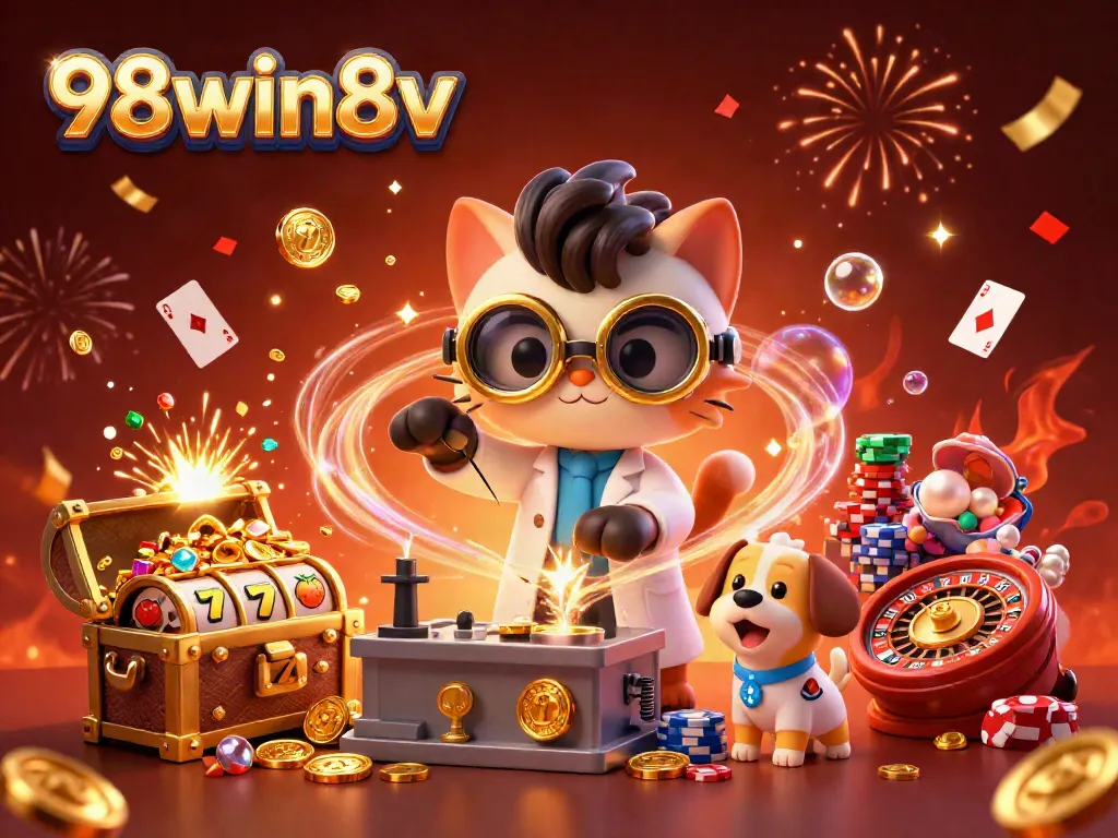 Engage in thrilling games at 98win8v with a vibrant casino scene, showcasing dynamic characters and rich visuals.