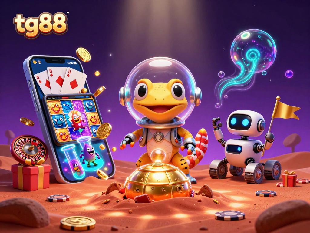 Experience tg88's Martian gecko uncovering a golden casino amidst thrilling gaming elements.