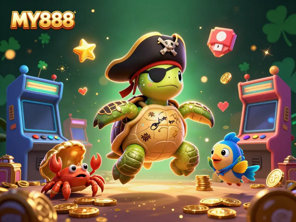 Engage with MY888's thrilling gaming experience featuring a pirate turtle and friends above treasure.