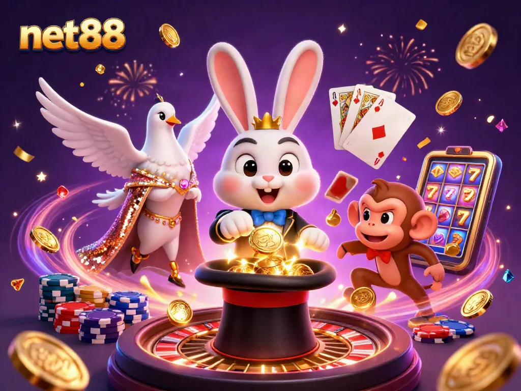 Capture excitement with net88's thrilling casino scene featuring 3D characters and vibrant game elements.