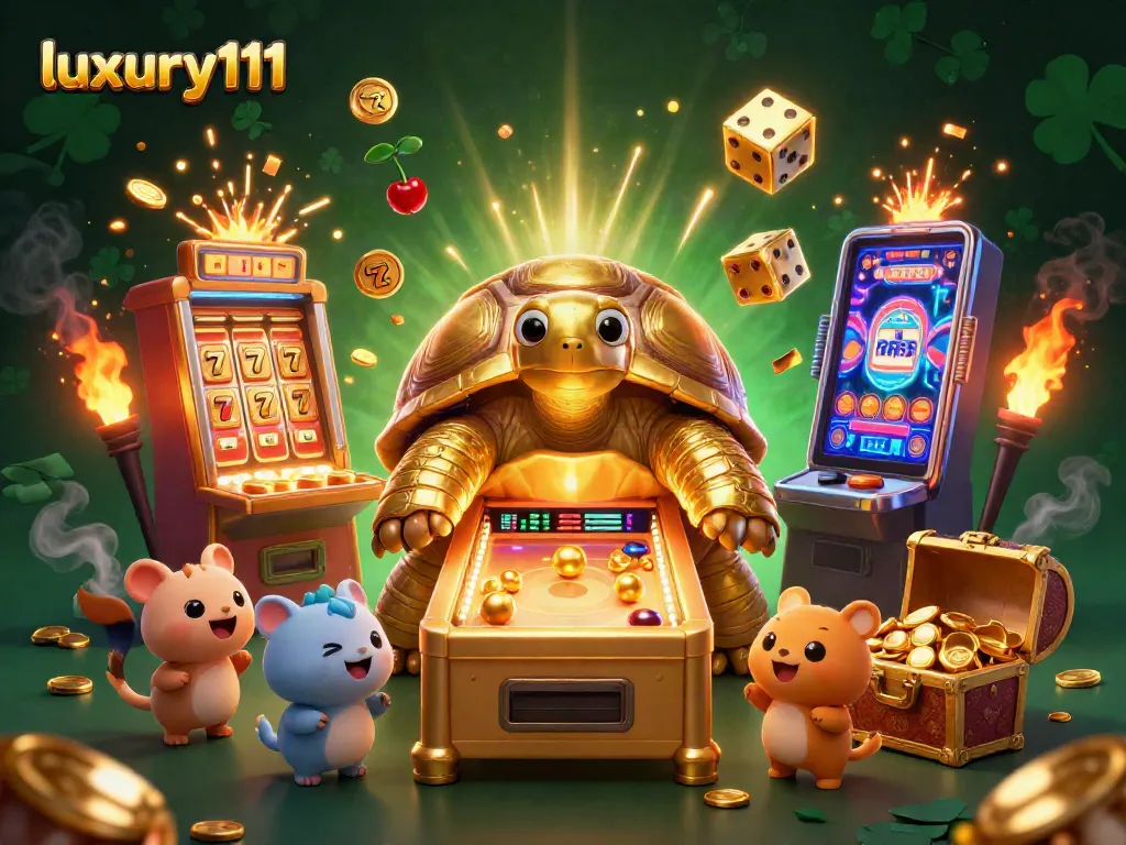 Experience the thrill of luxury111 with animated gold coins bursting from slot machines in an exciting casino atmosphere.