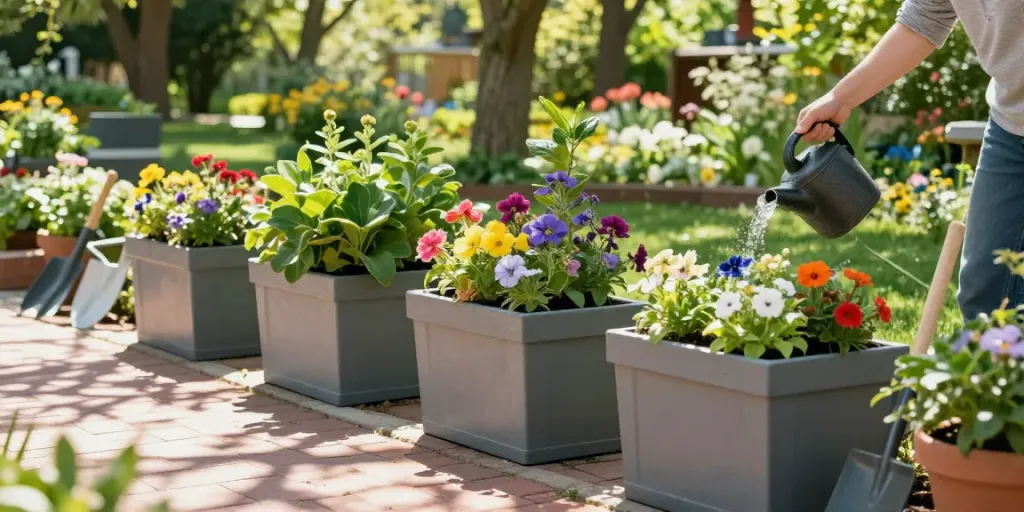 Beautiful square garden planters filled with colorful flowers in a serene garden setting.