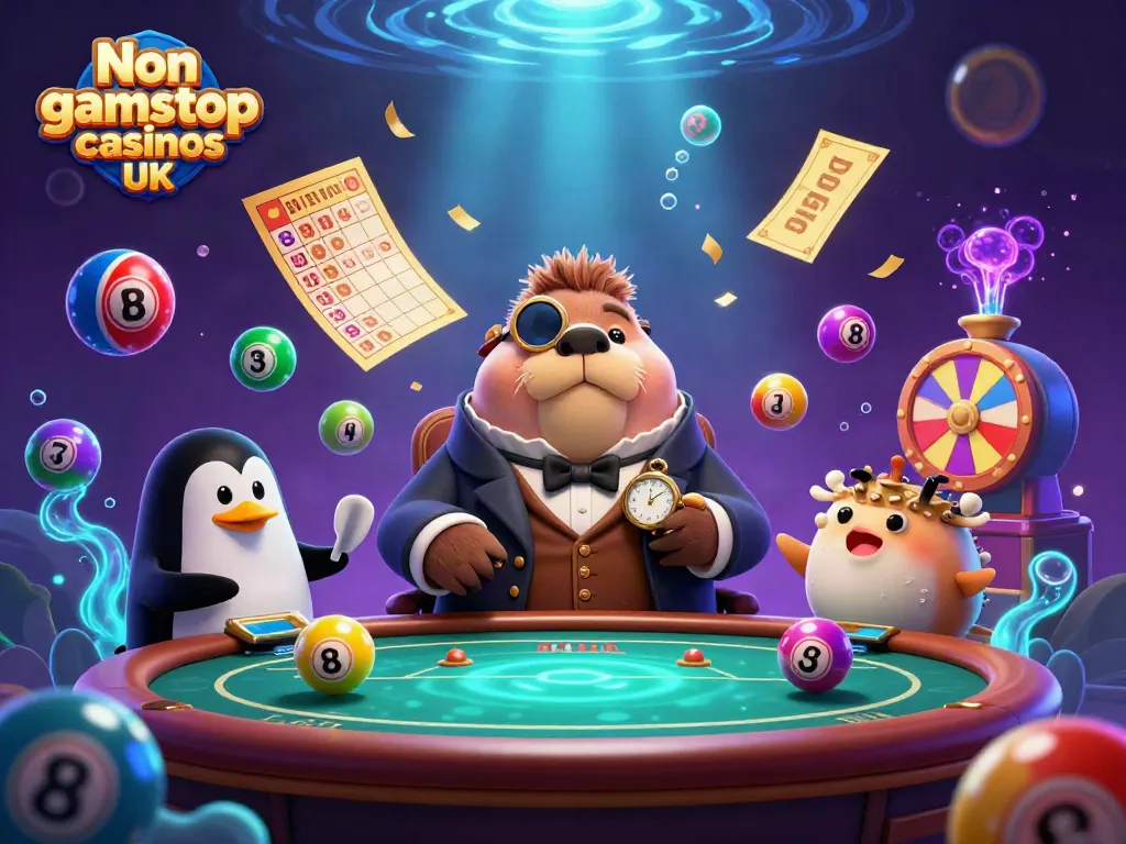 Engaging scene of Non gamstop casinos UK with cartoon walrus and dealer at a vibrant poker table