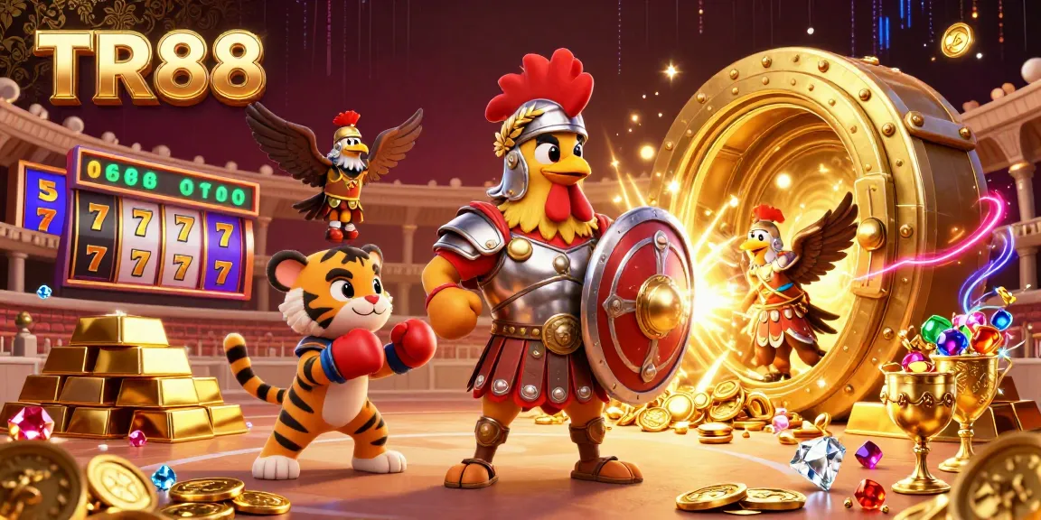 Engage with thrilling TR88 casino action featuring a gladiator rooster, gold treasures, and slot elements.