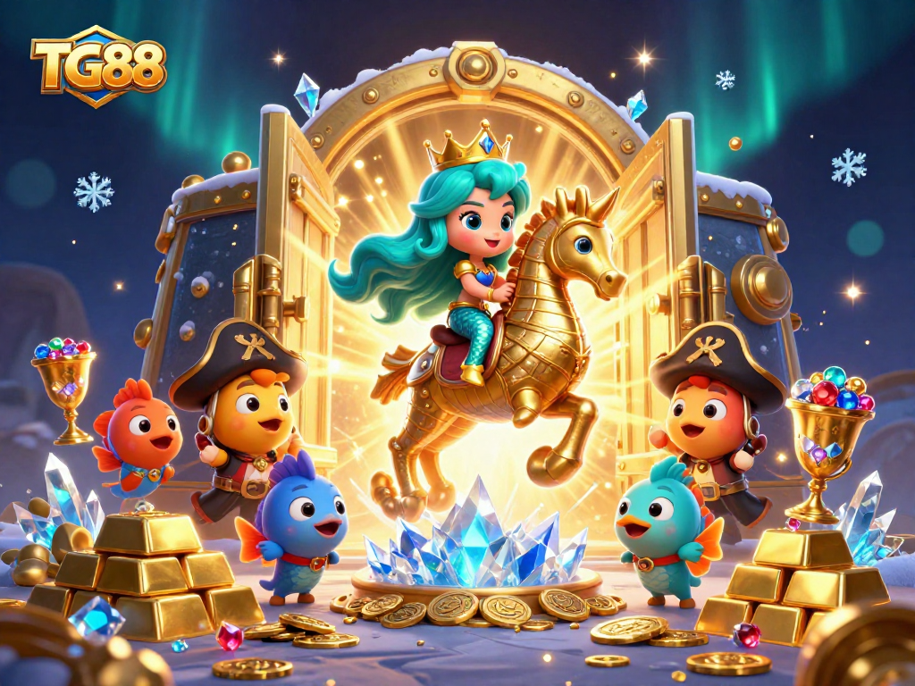 Experience the excitement of TG88 with colorful sea creatures and treasure in this dynamic game scene.