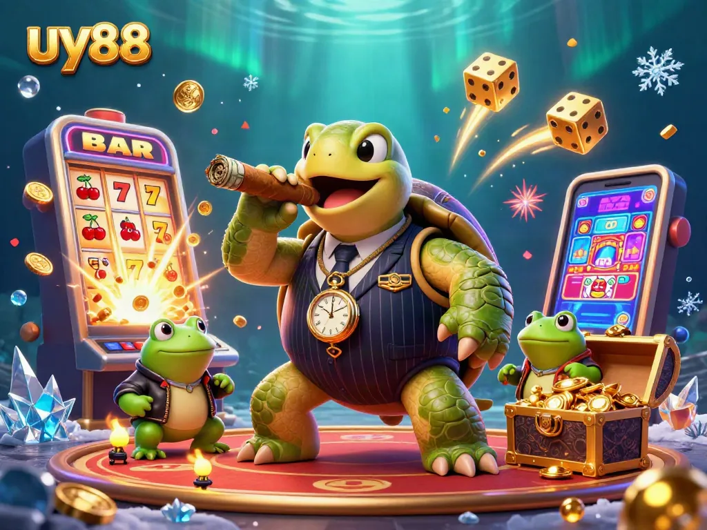 Spin the slots at uy88 with a massive turtle in a stylish suit winning jackpots.